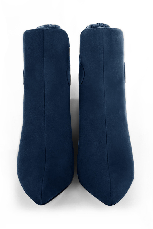 Navy blue women's ankle boots with buckles at the back. Tapered toe. Very high slim heel. Top view - Florence KOOIJMAN